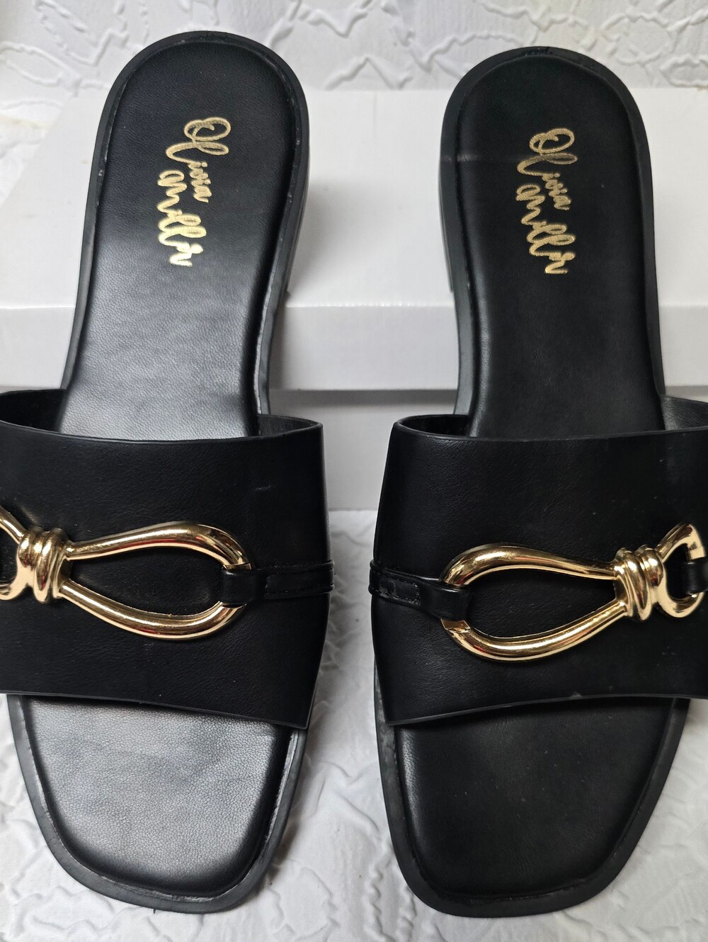 Sierra Miller Women's Size 10W Flat Black Slide Sandals w/ Gold Buckle Accent